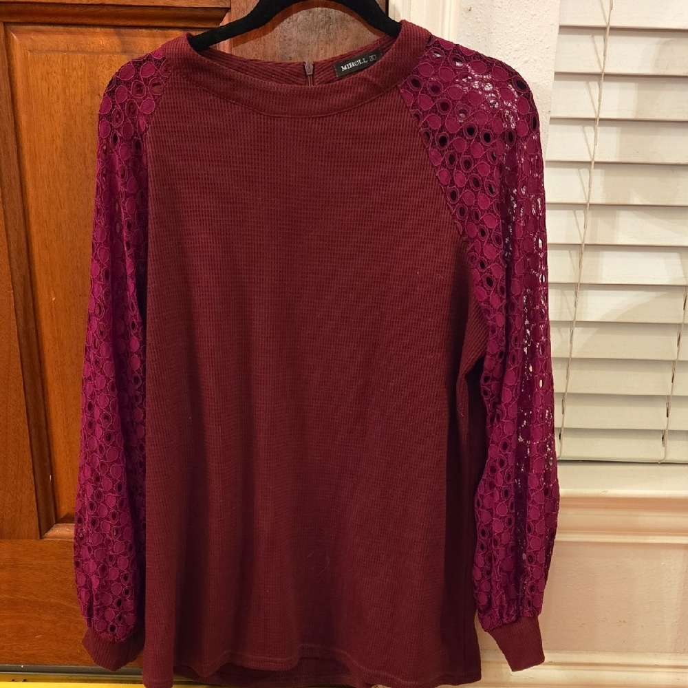 Miholl Women's Burgundy Lace Sleeve Top